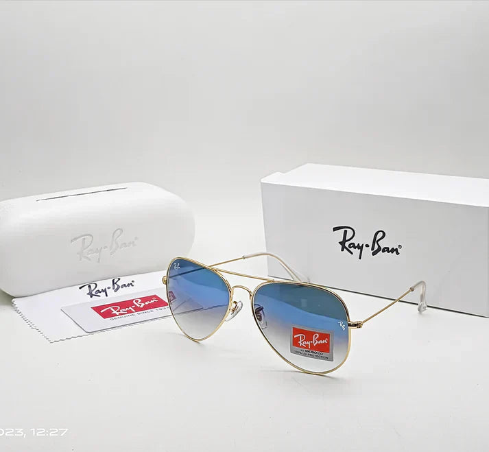 RB Blue Shade & Gold 3026 Oval Aviator Metal Trendy Hot Favourite Wintage Sunglass For Unisex